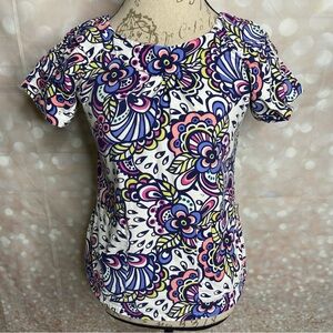 Koi by Kathy Peterson Abstract Paisley Print Short Sleeve Scrub Top XS